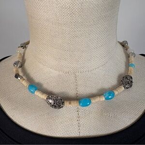 Tribal Style Flat Wood Disc Bead Necklace w/ Ornate Spacers